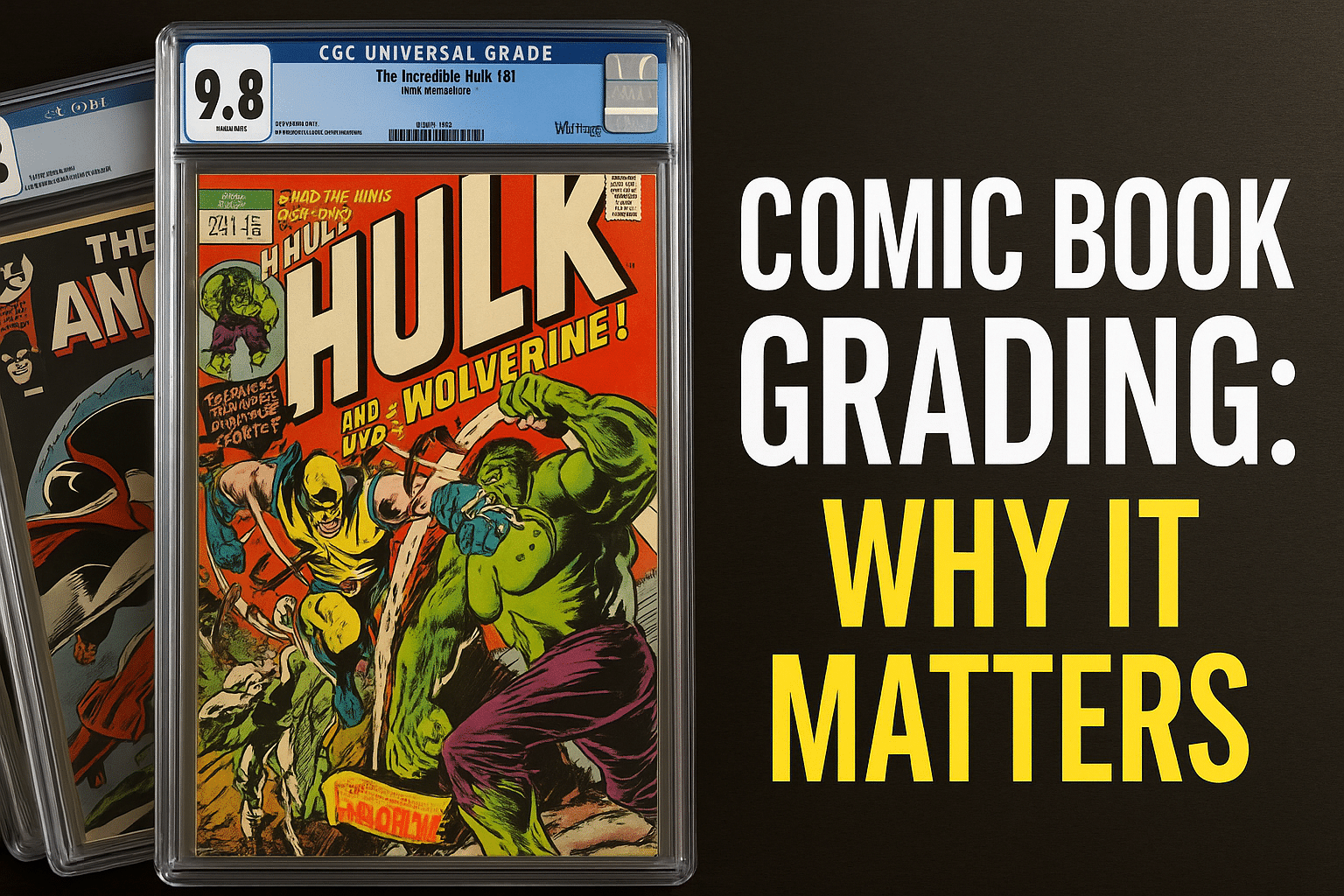 Three CGC-graded comics including The Incredible Hulk #181 slab with Wolverine debut, displayed on a dark surface.