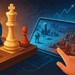 A split-scene digital illustration showing a 3D chessboard on the left with oversized pieces and a futuristic tablet on the right displaying a sci-fi battlefield with robotic and medieval units.