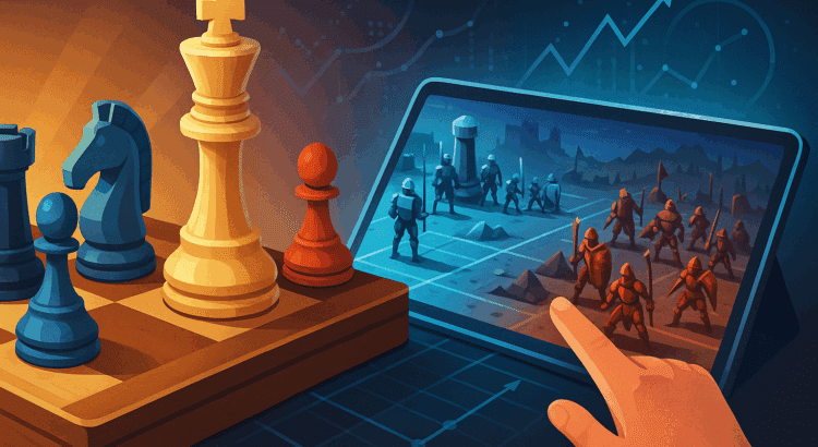 A split-scene digital illustration showing a 3D chessboard on the left with oversized pieces and a futuristic tablet on the right displaying a sci-fi battlefield with robotic and medieval units.