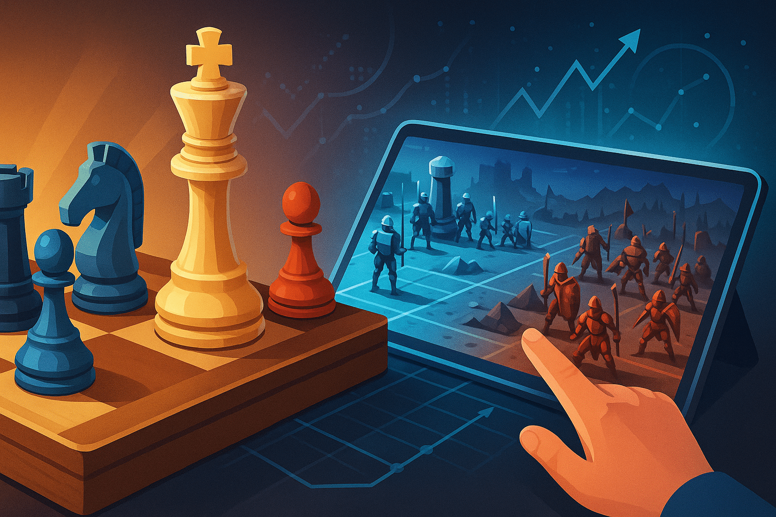 A split-scene digital illustration showing a 3D chessboard on the left with oversized pieces and a futuristic tablet on the right displaying a sci-fi battlefield with robotic and medieval units.