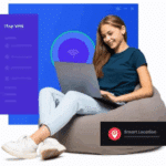 A young woman comfortably browsing the internet while using iTop VPN on her laptop. The interface displays smart location features, ensuring secure and optimized browsing. Perfect for privacy-conscious users who want seamless protection in any location.