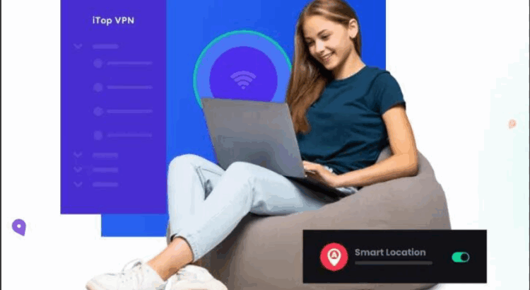 A young woman comfortably browsing the internet while using iTop VPN on her laptop. The interface displays smart location features, ensuring secure and optimized browsing. Perfect for privacy-conscious users who want seamless protection in any location.