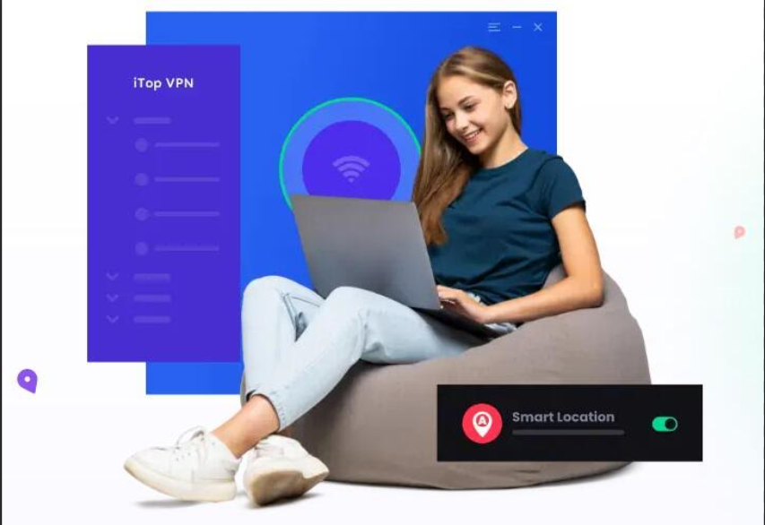 A young woman comfortably browsing the internet while using iTop VPN on her laptop. The interface displays smart location features, ensuring secure and optimized browsing. Perfect for privacy-conscious users who want seamless protection in any location.