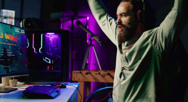 Modern home gaming setup with ergonomic chair, LED lighting, dual monitors, and ambient backlighting in a dedicated game room.
