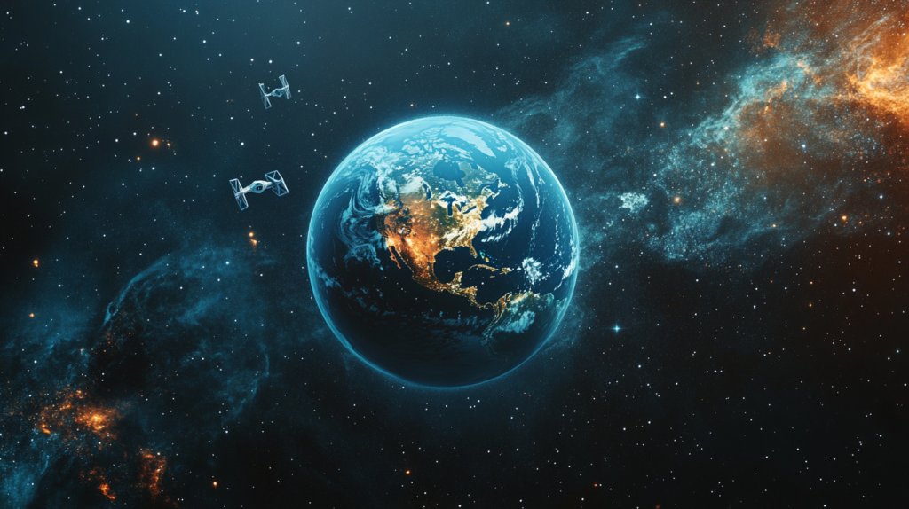 Earth floating in space with iconic Star Wars elements in the background,