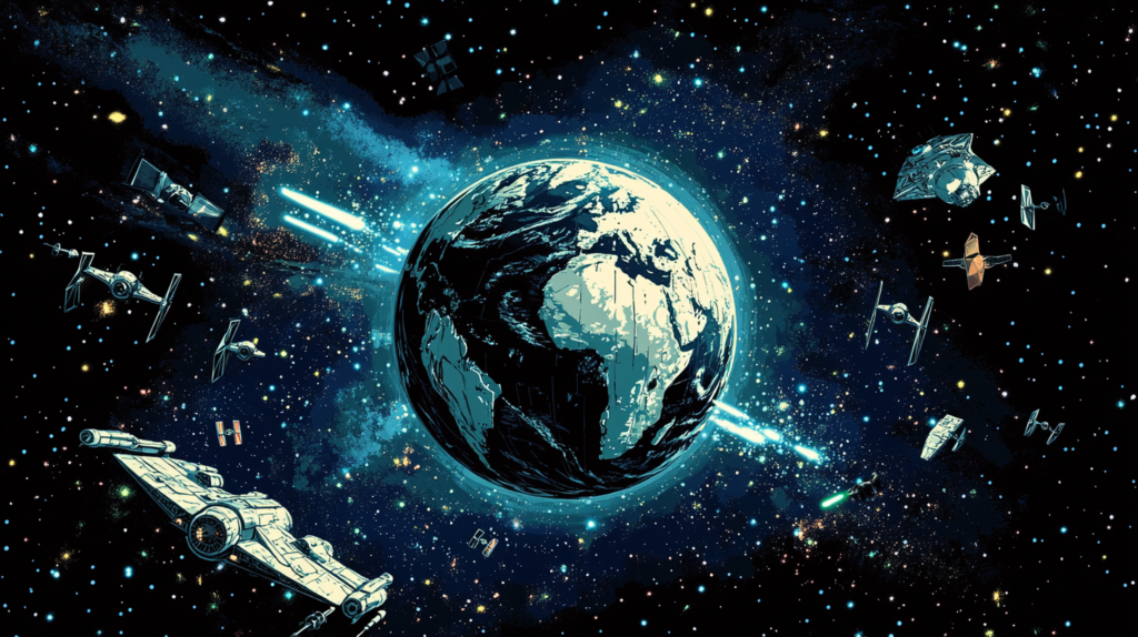 Earth floating in space with the Death Star looming ominously in the background. Surround it with iconic Star Wars ships like X-Wings, TIE Fighters, and the Millennium Falcon flying in formation