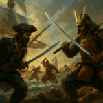 Epic digital painting of a pirate with a cutlass clashing swords against a samurai in full armor aboard a ship, with other combatants and stormy seas in the background.
