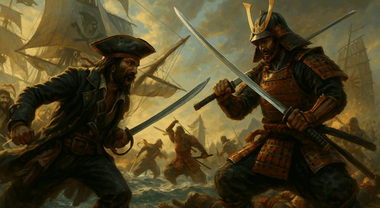 Epic digital painting of a pirate with a cutlass clashing swords against a samurai in full armor aboard a ship, with other combatants and stormy seas in the background.