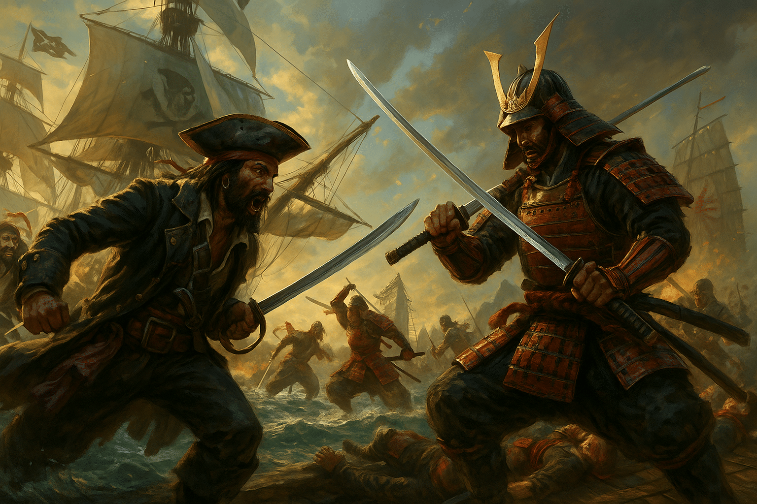 Epic digital painting of a pirate with a cutlass clashing swords against a samurai in full armor aboard a ship, with other combatants and stormy seas in the background.