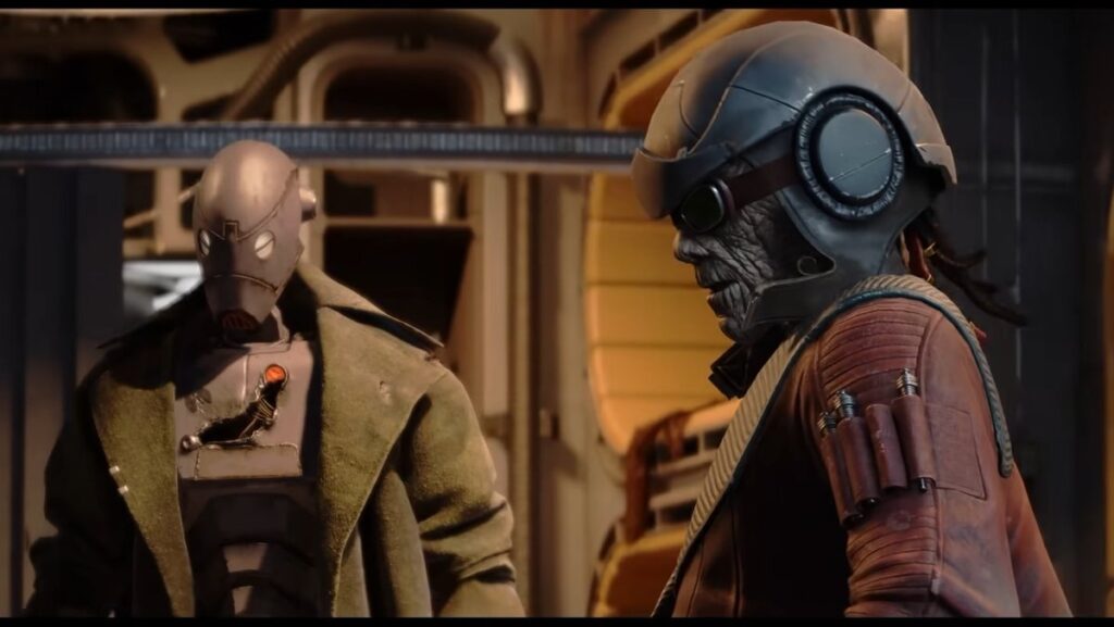 Hondo Ohnaka stands alongside a mysterious droid ally in Star Wars Outlaws: A Pirate's Fortune. The two are seen strategizing aboard a starship, ready for smuggling adventures and galactic treasure hunts.