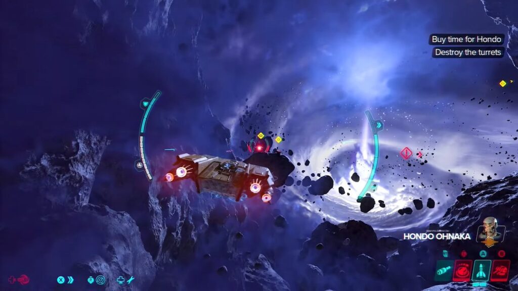 Space combat in Star Wars Outlaws: A Pirate's Fortune. The player-controlled ship navigates through a swirling asteroid field, engaging with enemy turrets while Hondo Ohnaka provides mission updates. Stunning visuals of space storms and rocky terrain add to the intense atmosphere.