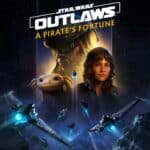Key art for Star Wars Outlaws: A Pirate's Fortune featuring Hondo Ohnaka, Kay Vess, and a mysterious alien companion. Starfighters and blaster fire light up the galaxy in this epic expansion.