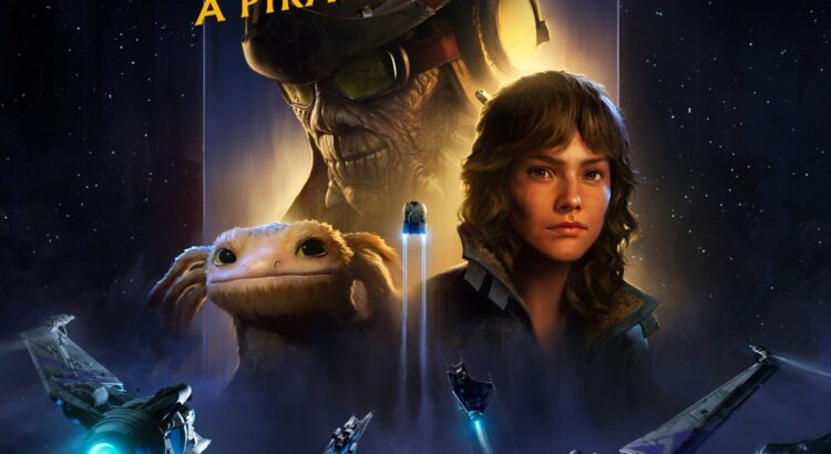 Key art for Star Wars Outlaws: A Pirate's Fortune featuring Hondo Ohnaka, Kay Vess, and a mysterious alien companion. Starfighters and blaster fire light up the galaxy in this epic expansion.
