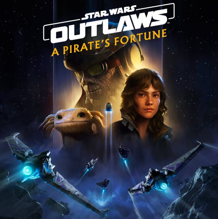 Key art for Star Wars Outlaws: A Pirate's Fortune featuring Hondo Ohnaka, Kay Vess, and a mysterious alien companion. Starfighters and blaster fire light up the galaxy in this epic expansion.