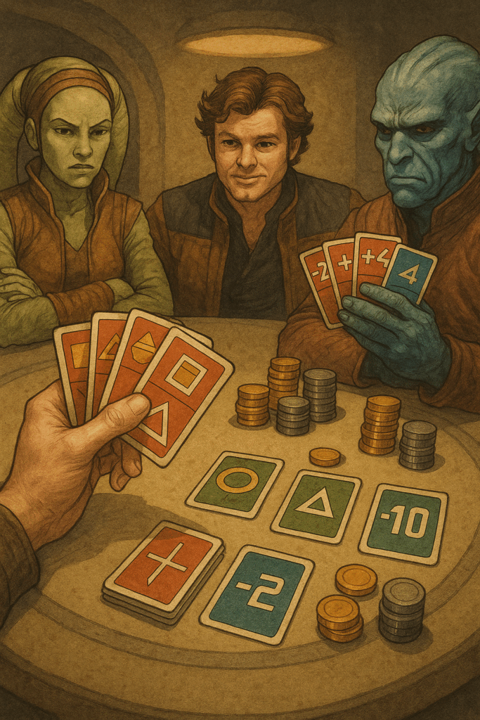 Star Wars characters playing sabacc in a dimly lit cantina