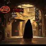 Cloaked figure in a dimly lit sci-fi alley with neon Star Wars signage