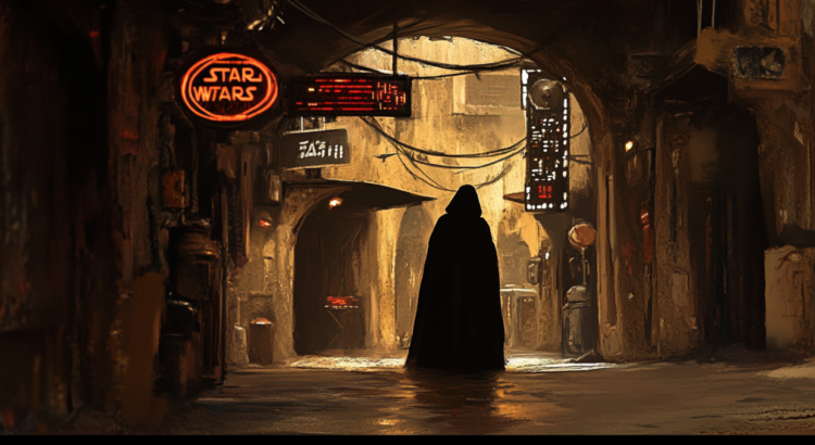 Cloaked figure in a dimly lit sci-fi alley with neon Star Wars signage