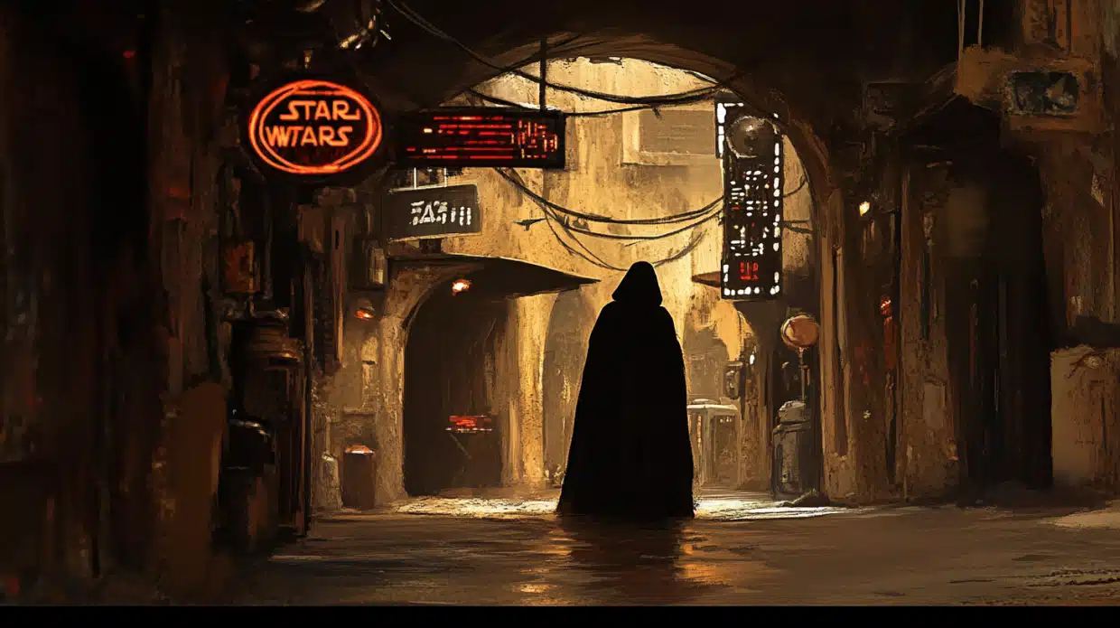 Cloaked figure in a dimly lit sci-fi alley with neon Star Wars signage