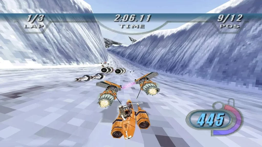 Image of a podracer speeding through a snow-covered canyon in Star Wars Episode I: Racer, showcasing the game's fast-paced racing and icy environments.
