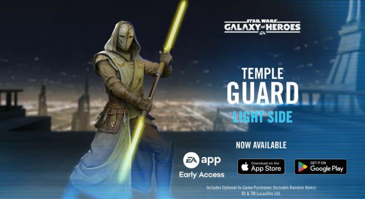 Star Wars Galaxy of Heroes Temple Guard Light Side character promo with double-bladed yellow lightsaber