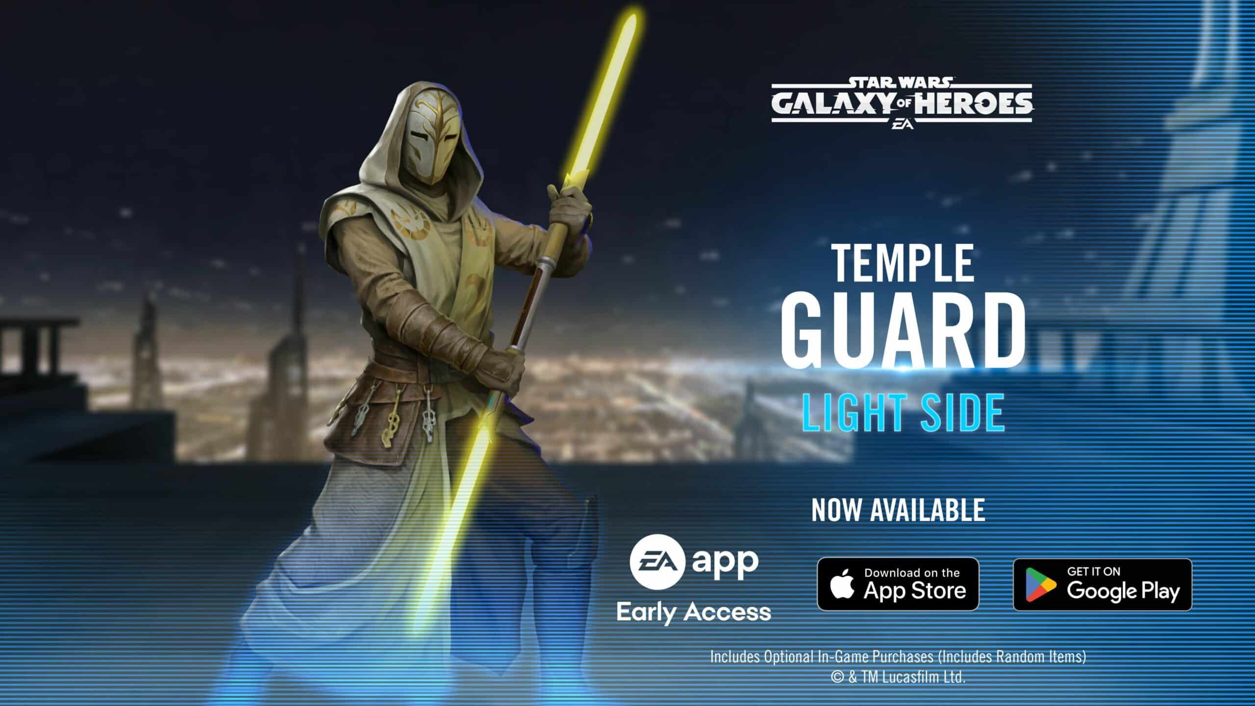 Star Wars Galaxy of Heroes Temple Guard Light Side character promo with double-bladed yellow lightsaber