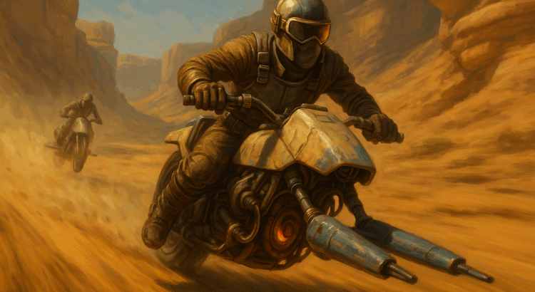 Swoop racers speeding through a desert canyon in Star Wars-style chase