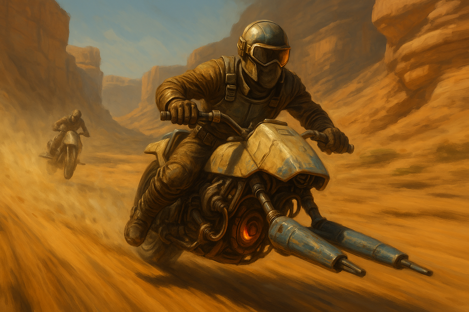 Swoop racers speeding through a desert canyon in Star Wars-style chase