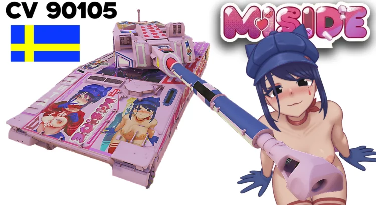 Promotional image of the CV 90105 with the Miside-Mita anime camo in War Thunder. The image features high-resolution graphics and custom design work that transform the tank's aesthetic.