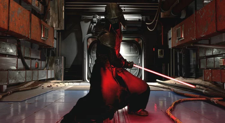 Starkiller in combat stance with red lightsaber in Starfield.