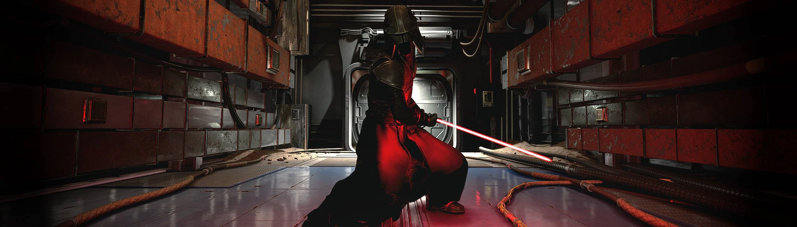 Starkiller in combat stance with red lightsaber in Starfield.