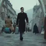 Syril Karn walking the streets of Ferrix in Andor, representing his rigid belief in order and justice. His path intersects with the Rebellion, leading to tragic consequences.