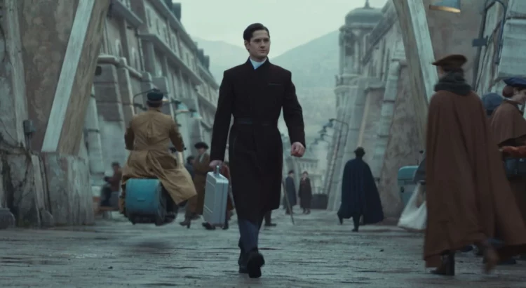 Syril Karn walking the streets of Ferrix in Andor, representing his rigid belief in order and justice. His path intersects with the Rebellion, leading to tragic consequences.