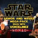 Promotional banner for Blade & Sorcery: Nomad – Star Wars Armor and Waves Mega-Pack. Showcasing the full roster of characters available in the mod, each equipped with armor sets and custom voicelines for immersive gameplay.