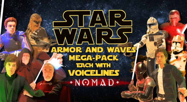 Promotional banner for Blade & Sorcery: Nomad – Star Wars Armor and Waves Mega-Pack. Showcasing the full roster of characters available in the mod, each equipped with armor sets and custom voicelines for immersive gameplay.
