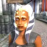 Close-up of Ahsoka Tano's face in Oblivion Remastered, highlighting the vibrant tattoos and unique Togruta headpiece. This image captures the essence of her character from Star Wars: The Clone Wars, now playable in Tamriel.