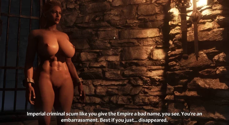 A wide-shot of the dungeon scene in Oblivion Remastered: Nomad: Baywatch Babe Body Mod, highlighting the eerie atmosphere of the game. The character's detailed body design contrasts against the gritty stone textures, emphasizing the mod's visual upgrade.