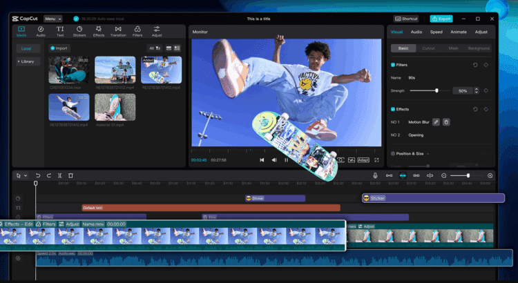 CapCut Desktop interface displaying media bin with imported clips, a monitor preview of a skateboard trick, timeline layers for text, stickers, filters, and audio, plus the Visual adjustment panel with filter and effect settings.