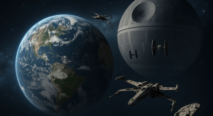 This image envisions Earth as part of the Star Wars universe, bridging the gap between a galaxy far, far away and our own world. Perfect for exploring the concept of Earth in Star Wars canon.