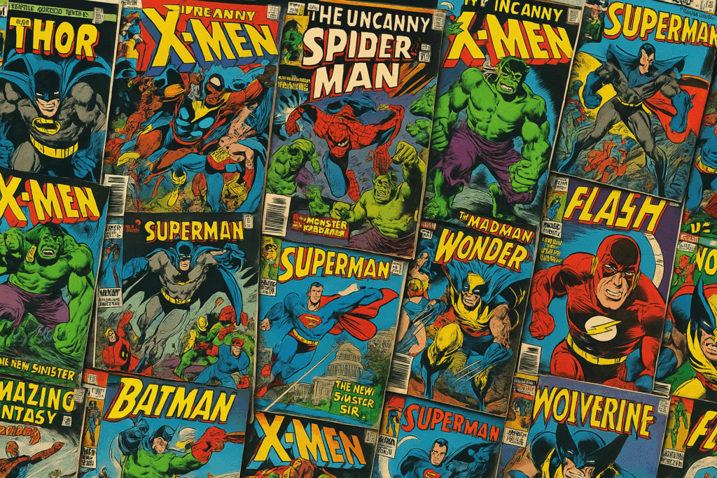 A dynamic 16:9 collage featuring classic comic book covers from Marvel and DC—Spider-Man swinging, the X-Men assembling, Hulk roaring, Superman flying, Batman in action, Wonder Woman charging, Flash running, Thor wielding Mjolnir, and Wolverine poised to strike—celebrating the rich legacy of superhero storytelling.