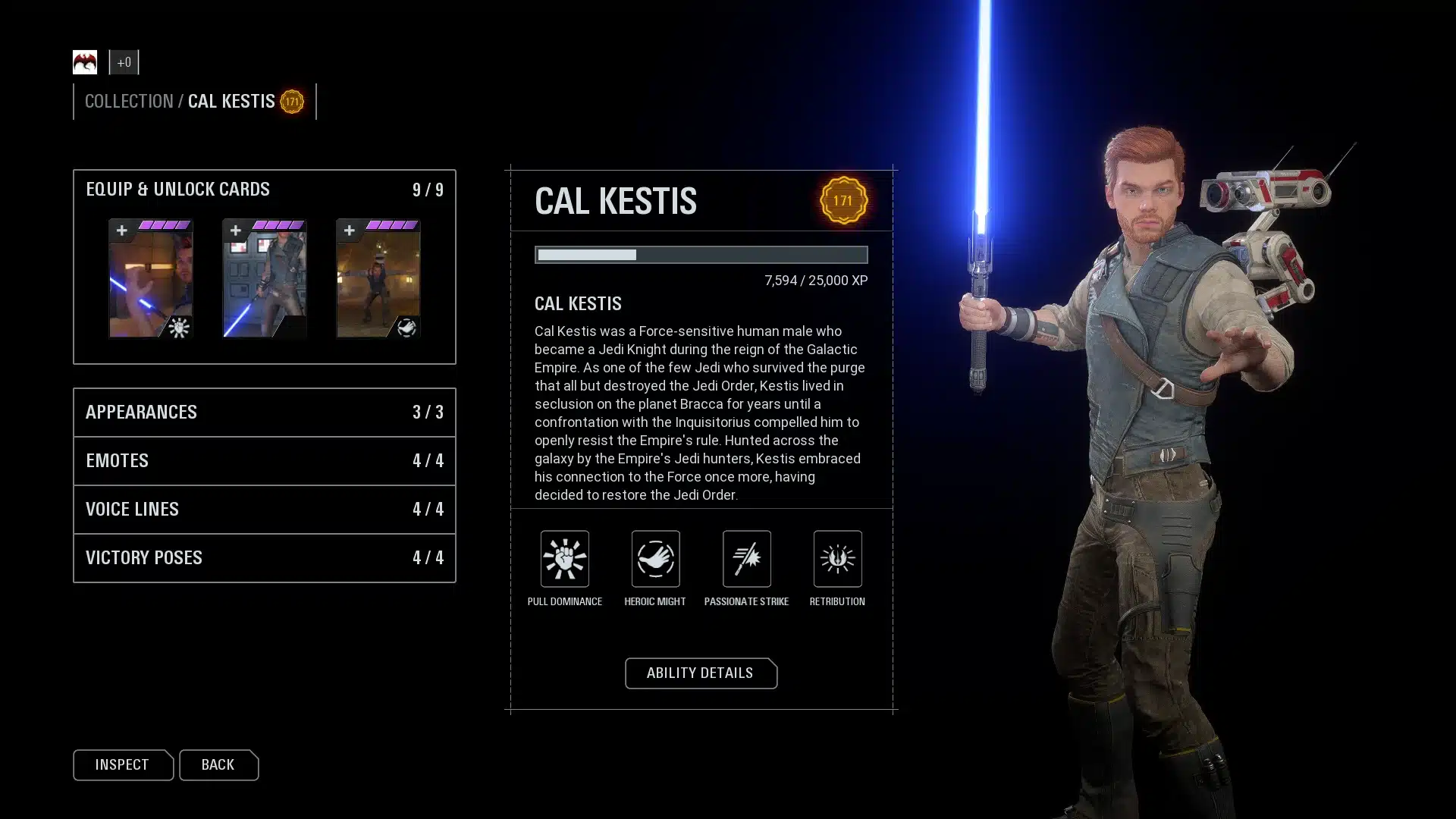 Cal Kestis character menu in Battlefront II mod