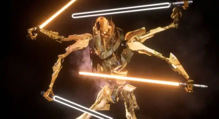Reforged General Grievous wielding four lightsabers with red and white blades in a dark smoky background