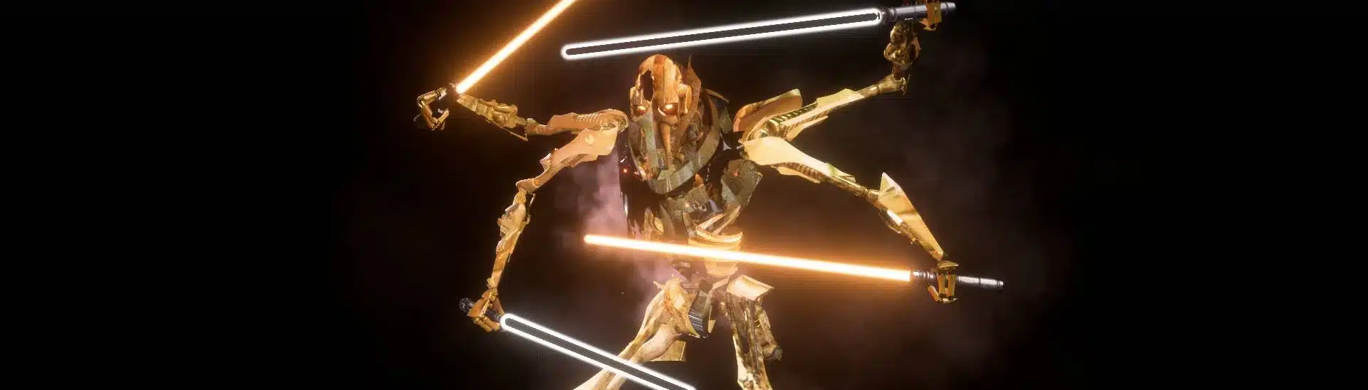 Reforged General Grievous wielding four lightsabers with red and white blades in a dark smoky background
