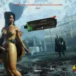 Nude Lune with FUTA anatomy in combat stance near gothic mansion