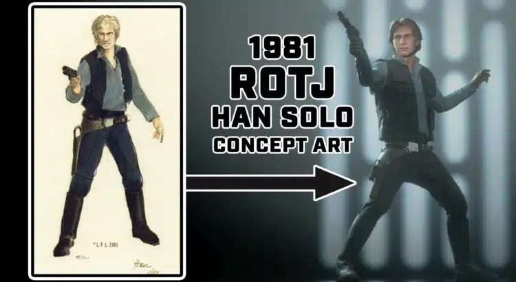 Han Solo 1981 ROTJ concept art side-by-side with in-game mod version in Battlefront II