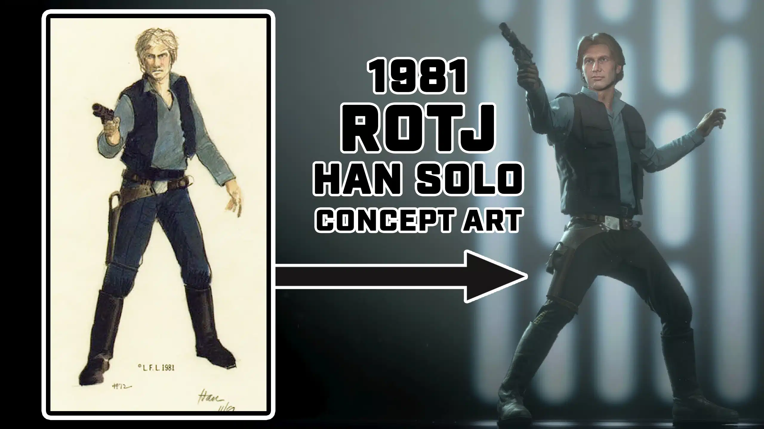 Han Solo 1981 ROTJ concept art side-by-side with in-game mod version in Battlefront II