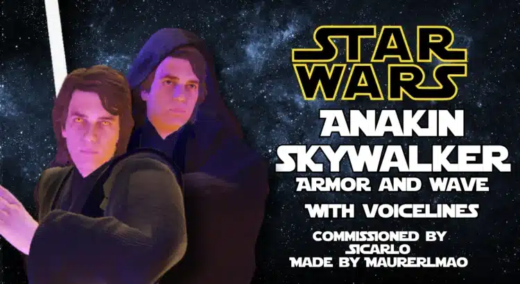 Promotional image of Anakin Skywalker Armor and Waves mod with text overlay