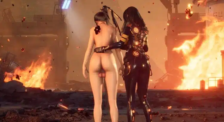 Naked futa Eve walking through a fiery battlefield with female android