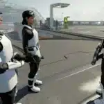 Starfield characters wearing Star Wars-style ISB Tactical Armor in a futuristic spaceport