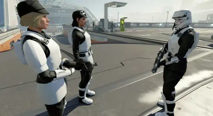 Starfield characters wearing Star Wars-style ISB Tactical Armor in a futuristic spaceport
