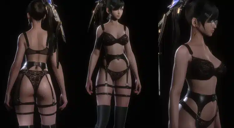 Stellar Blade Eve in black lace lingerie front and back view